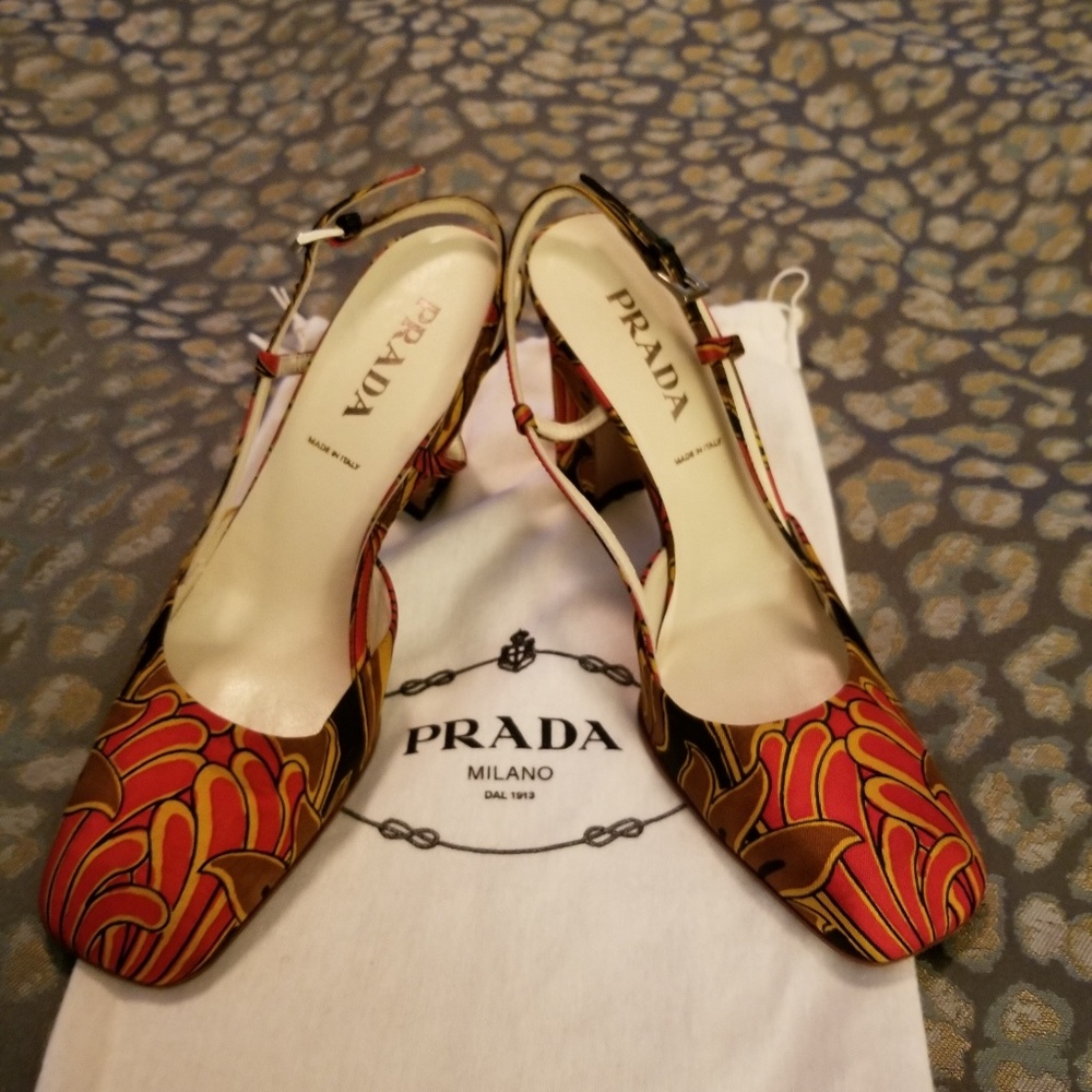 Prada Vero Cuoio sz36.5 Sling Heel red,brn,org,blk